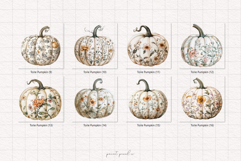 Peut inclure: Une collection de huit citrouilles &agrave; l'aquarelle avec des motifs floraux et des tiges vertes. Chaque citrouille pr&eacute;sente un design diff&eacute;rent, avec le texte "Toile Pumpkin" et un num&eacute;ro en dessous.