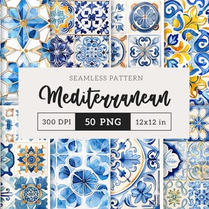 Mediterranean Seamless Pattern Geometric Background Watercolor Summer Tiles Italy Amalfi Digital Paper Scrapbook Junk Journal Commercial use