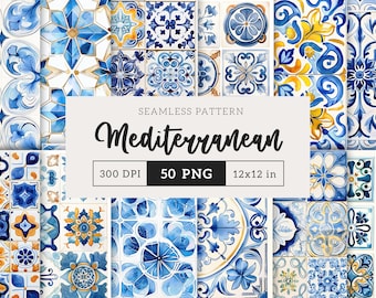 Mediterranean Seamless Pattern Geometric Background Watercolor Summer Tiles Italy Amalfi Digital Paper Scrapbook Junk Journal Commercial use