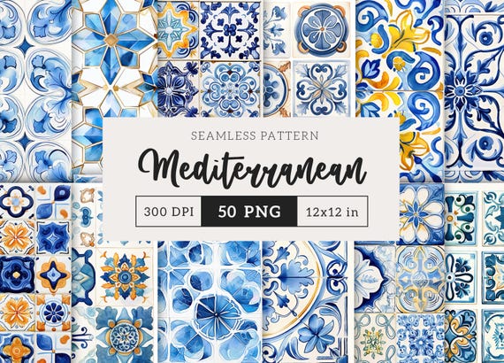 Mediterranean Seamless Pattern Geometric Background Watercolor Summer Tiles Italy Amalfi Digital Paper Scrapbook Junk Journal Commercial use