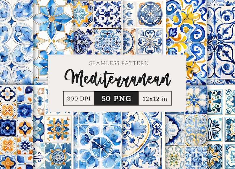 May include: A seamless pattern design featuring various blue and white Mediterranean tile patterns. The image includes the text "Mediterranean" and details such as 300 DPI, 50 PNG, and 12x12 in.