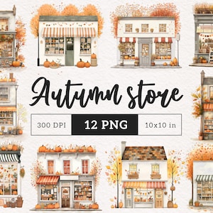 Loja de outono Clipart Boho Shop PNG aquarela bonito outono café gráficos outono efêmera ilustração sazonal vitrine aconchegante cafeteria