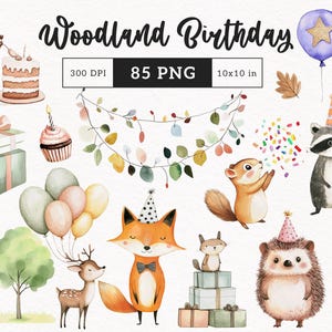 Puede incluir: Gráficos de cumpleaños de acuarela del bosque. Incluye un zorro, un mapache, una ardilla, un ciervo, un erizo y una rana, todos con sombreros de fiesta. También incluye globos, regalos, pastel y el texto "Woodland Birthday".