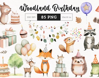 Imágenes prediseñadas de cumpleaños con temática de bosque, animales del bosque estilo boho, cumpleaños, baby shower, fiesta infantil linda, acuarela, zorro, oso, selva, PNG, creación de tarjetas e invitaciones