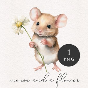 Souris et fleur PNG clipart doux petit animal Nursery Clip art adorable rongeur graphiques bois PNGs Sublimation Card making Journaling
