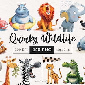 Imágenes prediseñadas de animales de safari extravagantes, divertida fauna africana PNG, caprichosa jungla, sublimación, dibujos animados, jirafa, animales salvajes, sabana, león, guepardo, arte