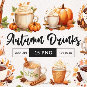 May include: A set of 15 digital illustrations of autumn drinks, including coffee, tea, hot chocolate, and pumpkin spice lattes. The illustrations are in a watercolour style and feature autumnal colours like orange, brown, and red. The text "Autumn Drinks" is included in the image.