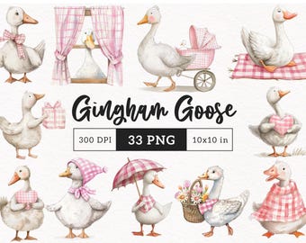 Pink Gingham Goose Clipart Cute Geese Soft whimsical Bows PNG Vintage Coquette nursery decor Cute girly Printable card making Scrapbooking