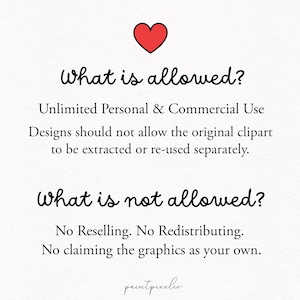 Puede incluir: Un gr&aacute;fico informativo blanco con un icono de coraz&oacute;n rojo en la parte superior. El texto dice: What is allowed? Unlimited Personal & Commercial Use. Designs should not allow the original clipart to be extracted or re-used separately. What is not allowed? No Reselling. No Redistributing. No claiming the graphics as your own. paintpixeleo.