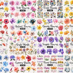 May include: A collection of watercolor flower illustrations, featuring a variety of colors and styles. The illustrations are grouped by color, season, and theme, such as "Autumn Florals", "Spring Flowers", and "Floral Borders".