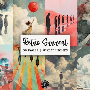 May include: A collection of surreal art prints with a retro theme. The prints feature various scenes, including figures in suits, a woman with a red balloon, and figures on a red landscape. The collection includes 50 pages, each 8"x12" inches.