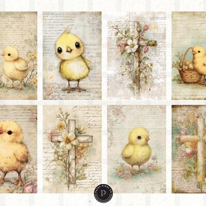 May include: A collection of eight watercolor illustrations featuring Easter themes. Each image showcases a yellow chick, a cross adorned with flowers, and a vintage background with script. The artwork has a soft, pastel color palette.