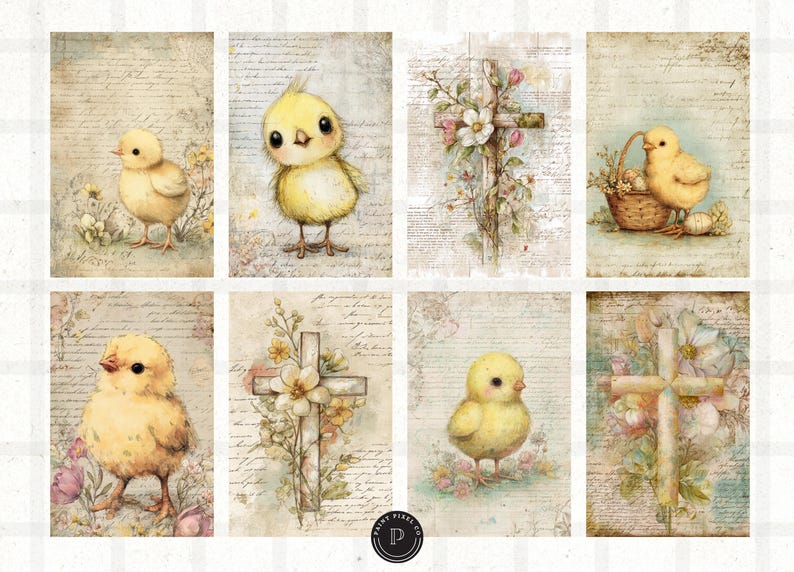May include: A collection of eight watercolor illustrations featuring Easter themes. Each image showcases a yellow chick, a cross adorned with flowers, and a vintage background with script. The artwork has a soft, pastel color palette.