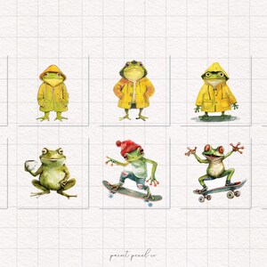 May include: A collection of nine watercolor illustrations featuring frogs in various poses and activities. The frogs are depicted wearing clothing, riding a bicycle, skateboarding, holding a cup of coffee, and wearing sunglasses. The illustrations are set against a white grid background.