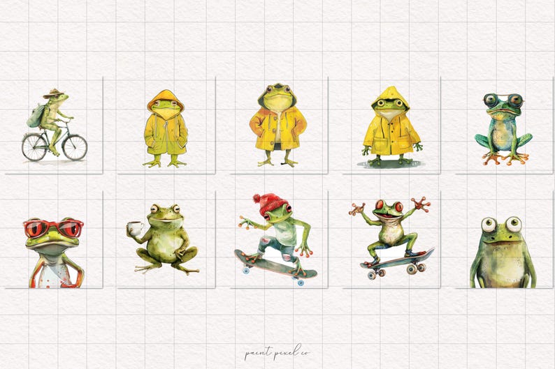 May include: A collection of nine watercolor illustrations featuring frogs in various poses and activities. The frogs are depicted wearing clothing, riding a bicycle, skateboarding, holding a cup of coffee, and wearing sunglasses. The illustrations are set against a white grid background.