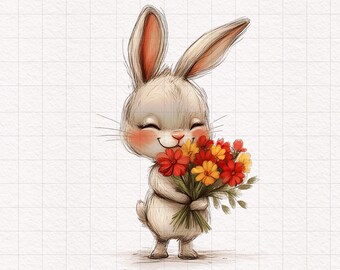 12 Floral Spring Bunny PNG Easter Baby Rabbit with Flowers Umbrella Clipart Watercolor Sublimation Paper Crafting Junk Journal Kit Printable