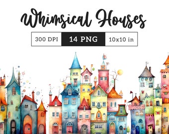 Whimsical Houses clipart PNG Bundle watercolor quirky homes Whimsy Sublimation transfer clip art cute graphic funny illustrations crafting