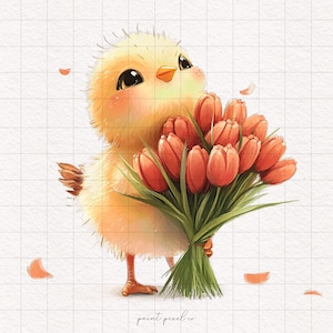 15 Floral Spring Chick PNG Baby Chicken With Flowers Watercolor Spring ...