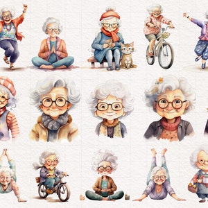 Peut inclure: Une collection d'illustrations &agrave; l'aquarelle repr&eacute;sentant diverses activit&eacute;s de femmes &acirc;g&eacute;es. Les illustrations repr&eacute;sentent des femmes faisant du v&eacute;lo, du yoga, tenant des chats, et plus encore. Les illustrations sont peintes dans un style fantaisiste avec des couleurs vives.