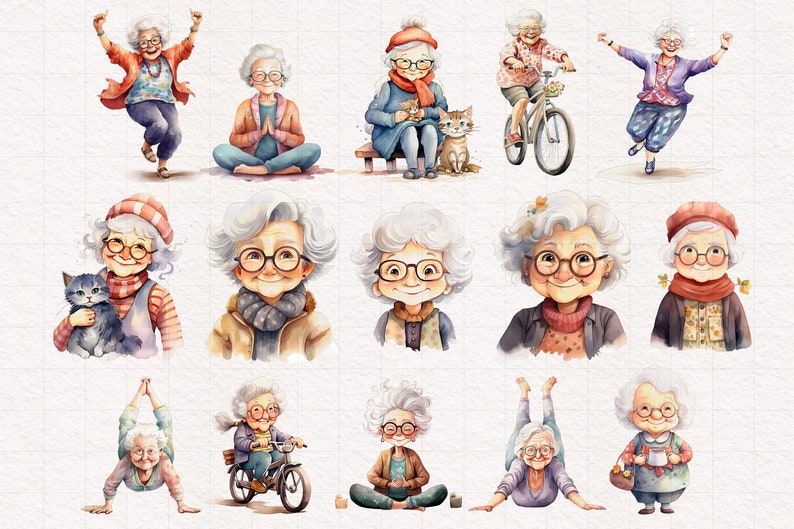 Peut inclure: Une collection d'illustrations &agrave; l'aquarelle repr&eacute;sentant diverses activit&eacute;s de femmes &acirc;g&eacute;es. Les illustrations repr&eacute;sentent des femmes faisant du v&eacute;lo, du yoga, tenant des chats, et plus encore. Les illustrations sont peintes dans un style fantaisiste avec des couleurs vives.