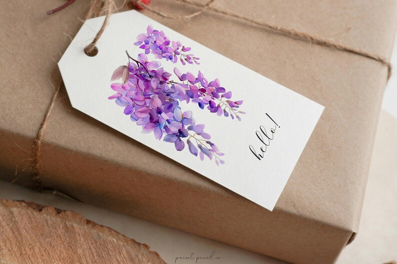 May include: A white gift tag with a watercolor illustration of purple wisteria flowers and the word "hello!" in black script.