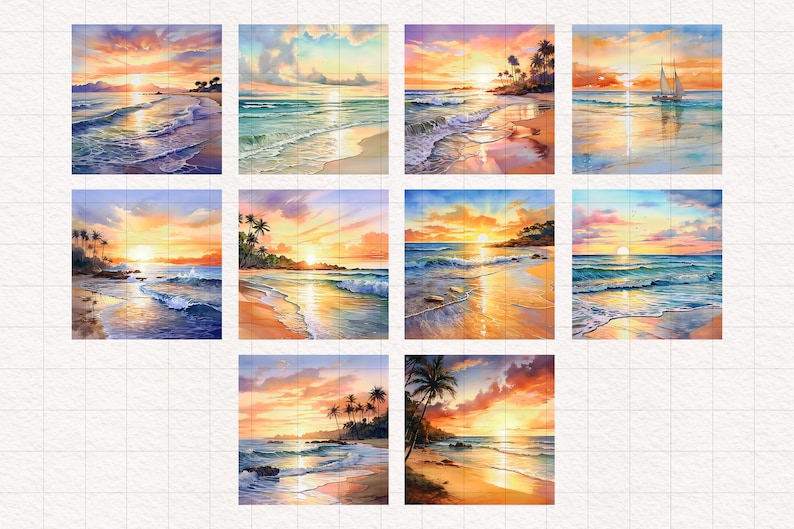 May include: A collection of nine watercolor paintings depicting tropical beach scenes at sunset. Each painting features a sandy beach, turquoise water, palm trees, and a vibrant sunset sky.