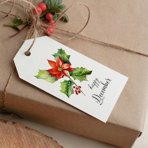 Op de afbeelding: Een wit cadeau-etiket met een aquarel-illustratie van een rode kerstster met groene bladeren en rode bessen. De tekst "fijne december" staat in zwarte cursieve letters op het etiket.