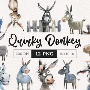 Quirky Donkey Clipart PNG Whimsical Donkeys Sublimation clip art Animais de fazenda Gráficos extravagantes Engraçado alongado Donkey Face Pateta ilustração