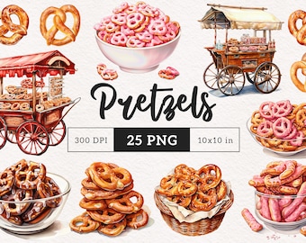 Watercolor Pretzel Clipart Sweet treats PNG Pretzel cart Chocolate Pretzels Junk Journal Food Sublimation Scrapbooking Pink Pretzels