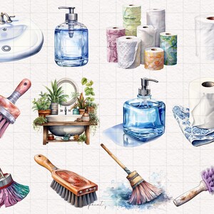 May include: A set of watercolour illustrations featuring bathroom and cleaning supplies. The set includes a white porcelain sink, two blue liquid soap bottles, a white toilet roll, a white bathroom sink, two paint brushes, and a pink and green scrub brush.
