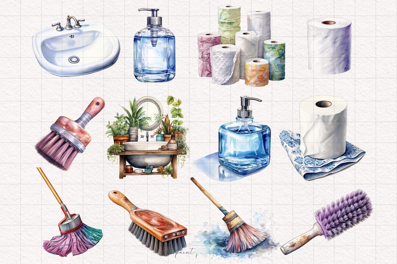 May include: A set of watercolour illustrations featuring bathroom and cleaning supplies. The set includes a white porcelain sink, two blue liquid soap bottles, a white toilet roll, a white bathroom sink, two paint brushes, and a pink and green scrub brush.