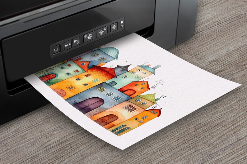 May include: A printer printing a watercolor illustration of colorful houses on white paper.