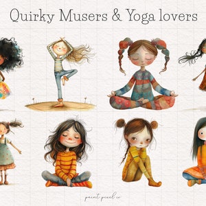 K&ouml;nnte beinhalten: Illustration von acht M&auml;dchen mit verschiedenen Frisuren und Kleidung. Einige meditieren, andere machen Yoga-Posen. Der Text "Quirky Musers & Yoga lovers" befindet sich oben im Bild.