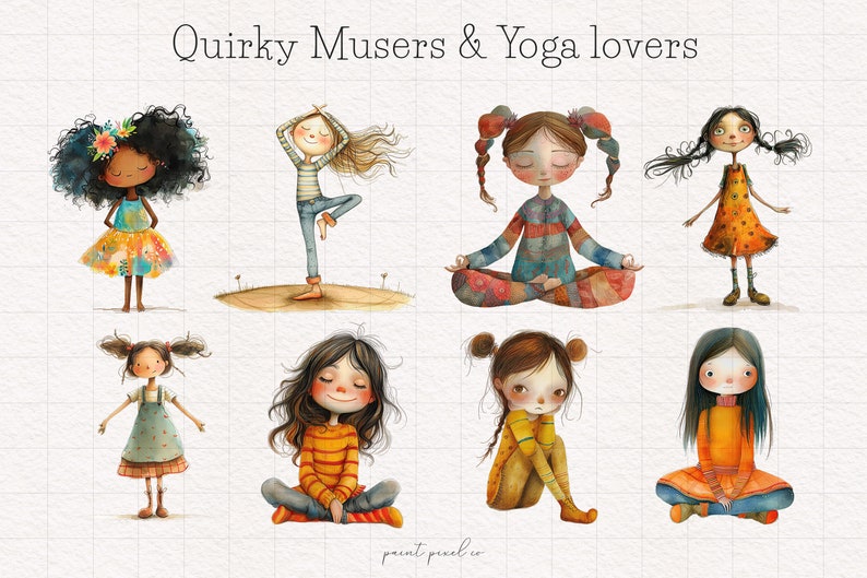 K&ouml;nnte beinhalten: Illustration von acht M&auml;dchen mit verschiedenen Frisuren und Kleidung. Einige meditieren, andere machen Yoga-Posen. Der Text "Quirky Musers & Yoga lovers" befindet sich oben im Bild.