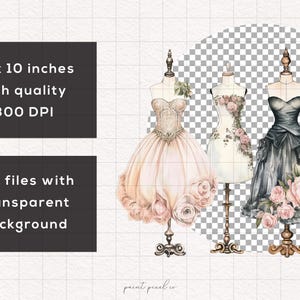 May include: Three watercolor illustrations of dresses on dress forms. The dresses are a pink and white ball gown, a white dress with floral embroidery, and a black dress with pink floral accents.