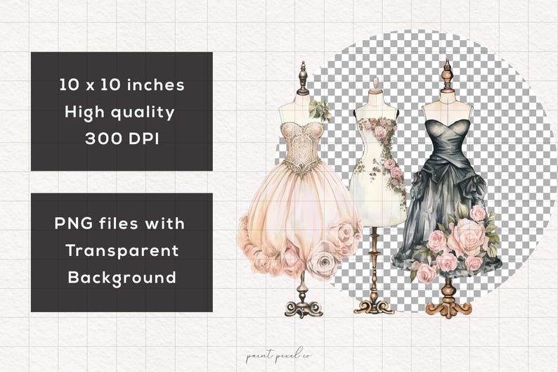 May include: Three watercolor illustrations of dresses on dress forms. The dresses are a pink and white ball gown, a white dress with floral embroidery, and a black dress with pink floral accents.