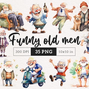 Drôle de grand-père clipart PNG Vieil homme décalé personnes âgées Stupide vieil homme papa png Aquarelle danse vieil homme amant buvant beau grand-père heureux