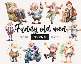 Funny Grandpa clipart PNG Quirky old man elderly people Silly old man papa png Watercolor dancing old man drinking lover cute grampa happy