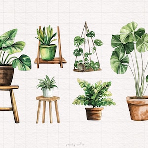 May include: A watercolor illustration of six different potted plants. The plants are in various styles of pots and are on wooden stands. The plants are all green and have different leaf shapes.