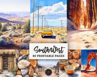 Papéis Digitais do Sudoeste - Cenas do Deserto do Velho Oeste para Imprimir - Recortes para Scrapbook, Fundos em Aquarela para Diário de Arte (JPG)