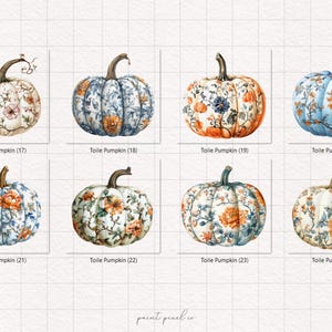 Peut inclure: Huit illustrations &agrave; l'aquarelle de citrouilles avec des motifs floraux de toile de Jouy de diff&eacute;rentes couleurs, dont cr&egrave;me, bleu et orange. Chaque citrouille a une tige marron. Le texte "Toile Pumpkin" et un num&eacute;ro sont en dessous.