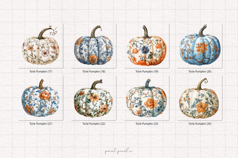 Peut inclure: Huit illustrations &agrave; l'aquarelle de citrouilles avec des motifs floraux de toile de Jouy de diff&eacute;rentes couleurs, dont cr&egrave;me, bleu et orange. Chaque citrouille a une tige marron. Le texte "Toile Pumpkin" et un num&eacute;ro sont en dessous.