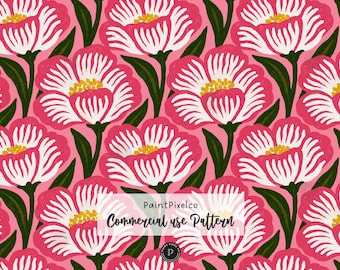Pink Retro Floral Seamless Pattern Oversized Poppy Blooms Bold Vintage Botanical Paper Background (Commercial Use) (Digital Download)