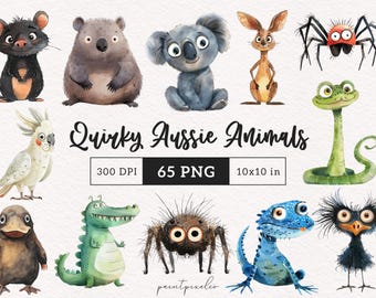 65 Quirky Australian Animals Clipart Koala Emu Kangaroo Dingo Platypus PNG Cute Aussie animals Silly Whimsy graphics Printable illustrations