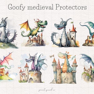 May include: A set of eight watercolor illustrations of cartoon dragons guarding medieval castles. The dragons are in various poses, some flying, some sitting, and some standing. The castles are all different colors and styles. The illustrations are whimsical and fun.