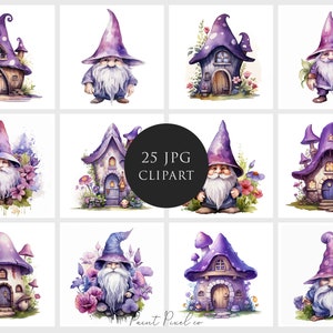 25 Purple Gnome clipart Cottagecore JPG High Quality JPGs Cute Gnome Sublimation Junk Journal Digital paper crafting Commercial License
