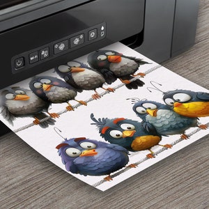 May include: A printer with a white sheet of paper coming out of it. The paper has a cartoon illustration of seven birds with different colored feathers and large eyes. The birds are perched on a branch.