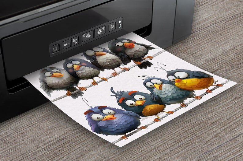May include: A printer with a white sheet of paper coming out of it. The paper has a cartoon illustration of seven birds with different colored feathers and large eyes. The birds are perched on a branch.