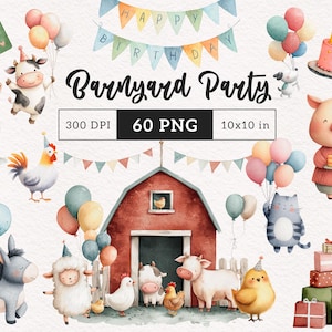 Puede incluir: Ilustración en acuarela con temática de granja. Presenta un granero rojo, animales de granja, globos y una pancarta que dice "Happy Birthday". Incluye un pastel, regalos y el texto "Barnyard Party".