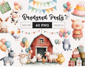 Peut inclure: Illustration à l'aquarelle sur le thème de la ferme. Comprend une grange rouge, des animaux de la ferme, des ballons et une bannière avec l'inscription "Happy Birthday". Inclut un gâteau, des cadeaux et le texte "Barnyard Party".
